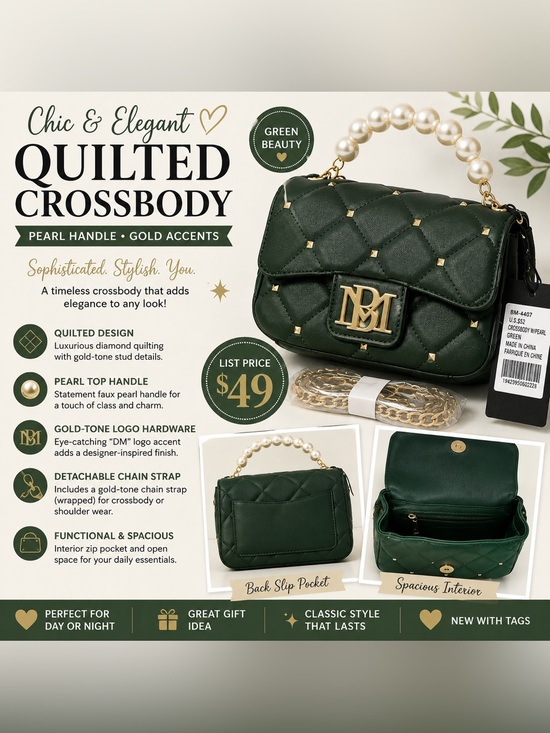 Badgley Mischka Handbags - NWT Green Quilted Crossbody Bag Pearl Handle Gold Hardware